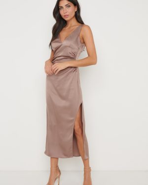 Sadie Recycled Satin Split Dress - Mocha, 26