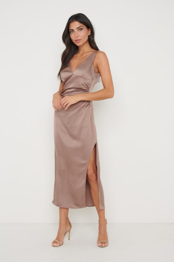 Sadie Recycled Satin Split Dress - Mocha, 26