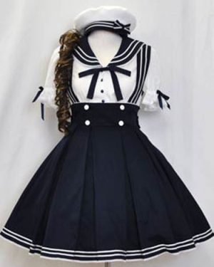 Sailor Lolita Outfits Deep Blue Short Sleeve Shirt With Pleated Jumper Skirt
