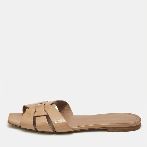 Saint Laurent Beige Patent Leather Tribute Flat Sandals Size 38