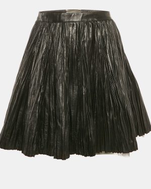 Saint Laurent Black Leather Pleated Mini Skirt M