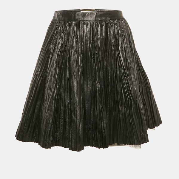 Saint Laurent Black Leather Pleated Mini Skirt M