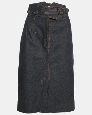 Saint Laurent Blue Denim Buckle Detail Midi Skirt L