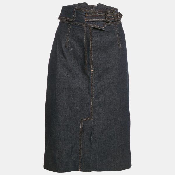 Saint Laurent Blue Denim Buckle Detail Midi Skirt L