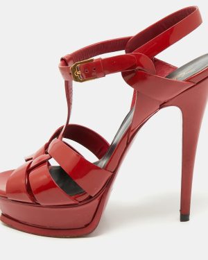 Saint Laurent Dark Red Patent Leather Tribute Platform Sandals Size 38.5