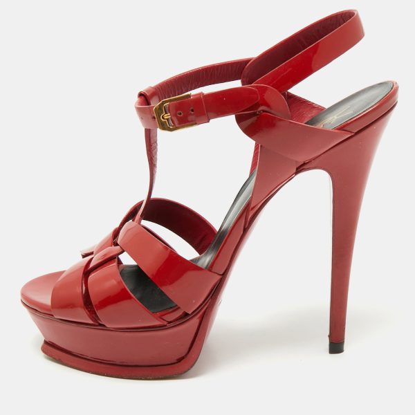 Saint Laurent Dark Red Patent Leather Tribute Platform Sandals Size 38.5