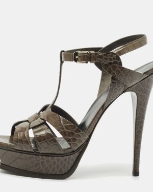 Saint Laurent Grey Croc Embossed Leather Tribute Platform Sandals Size 41