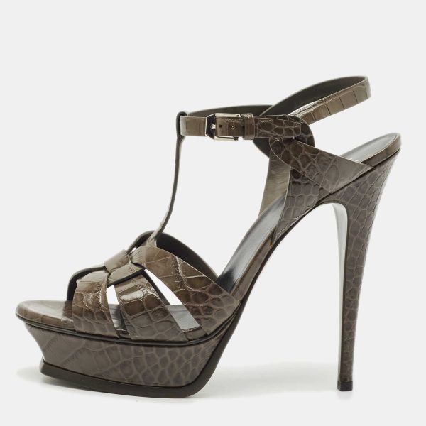 Saint Laurent Grey Croc Embossed Leather Tribute Platform Sandals Size 41
