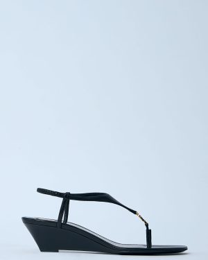 Saint Laurent Logo Motif Wedge Sandals - Woman Heels Black Eu - 38