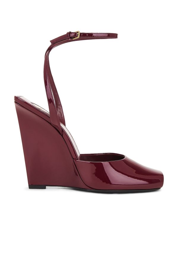 Saint Laurent Orhand Peep Toe Wedge in Grenade - Red. Size 36 (also in 36.5, 37, 37.5, 38, 39, 40, 41).