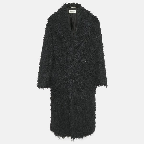 Saint Laurent Paris Black Faux Fur Double Breasted Coat S