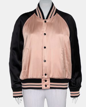 Saint Laurent Paris Black & Pink Satin Button Front Bomber Jacket L