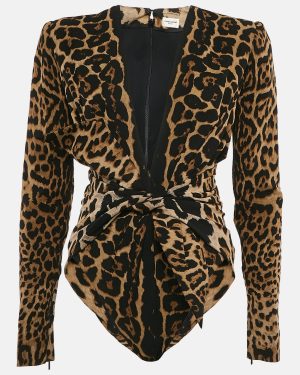 Saint Laurent Paris Brown Leopard Print Crepe Full Sleeve Bodysuit M