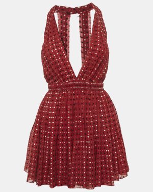 Saint Laurent Paris Red Printed Silk Blend Halter Neck Mini Dress S