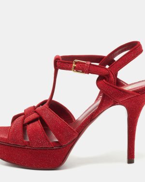 Saint Laurent Red Suede and Glitter Tribute Ankle Strap Sandals Size 37