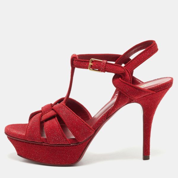 Saint Laurent Red Suede and Glitter Tribute Ankle Strap Sandals Size 37