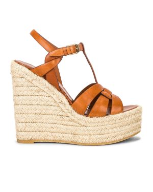 Saint Laurent Tribute Espadrille Wedge Sandals in Ambre - Black. Size 40.5 (also in 36.5, 38.5, 39, 41).