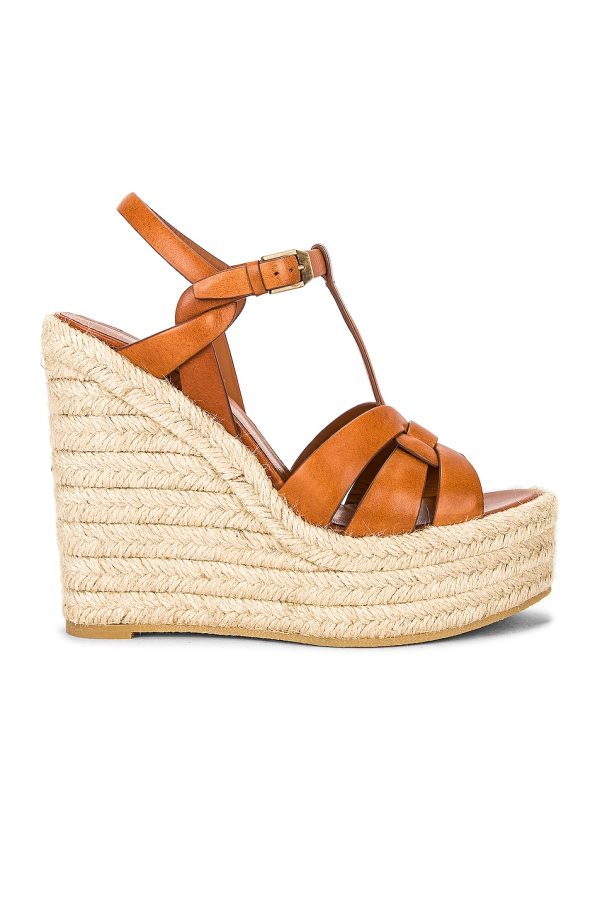 Saint Laurent Tribute Espadrille Wedge Sandals in Ambre - Black. Size 40.5 (also in 36.5, 38.5, 39, 41).
