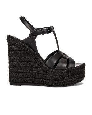 Saint Laurent Tribute Espadrille Wedge Sandals in Noir - Black. Size 40.5 (also in 37.5, 38.5, 39, 39.5, 40).