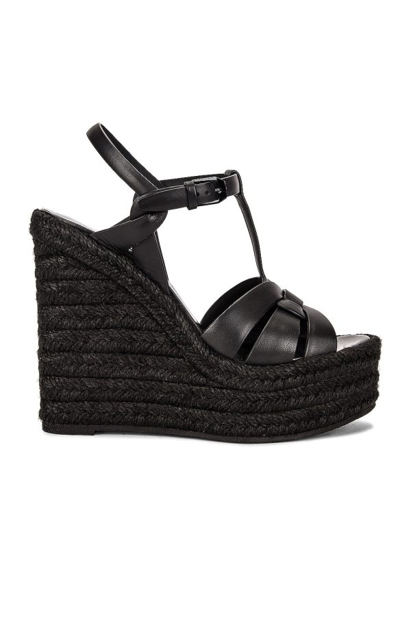 Saint Laurent Tribute Espadrille Wedge Sandals in Noir - Black. Size 40.5 (also in 37.5, 38.5, 39, 39.5, 40).