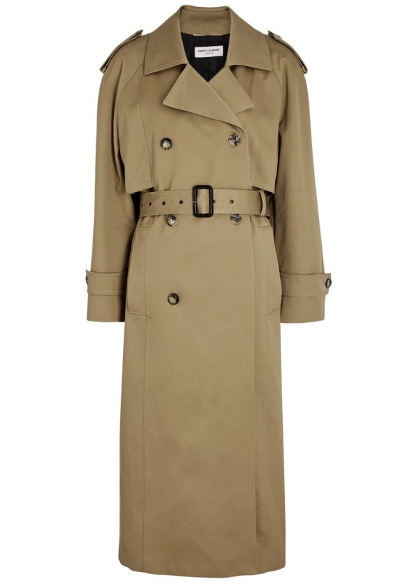 Saint Laurent - Women's Beige Double-breasted Cotton Trench Coat - Size 14, Raglan Sleeves & Detachable Belt