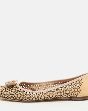 Salvatore Ferragamo Beige Patent Leather Laser Cut Vara Bow Ballet Flats Size 38