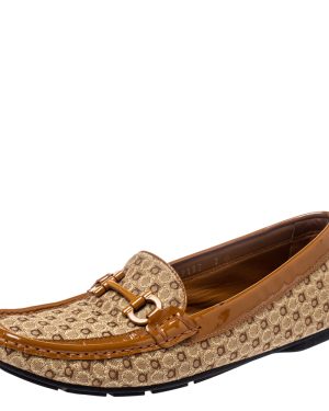 Salvatore Ferragamo Beige/Caramel Gancini Canvas and Patent Leather Loafers Size 37.5
