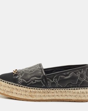 Salvatore Ferragamo Black Leather Kim Gal Espadrille Loafers Size 40