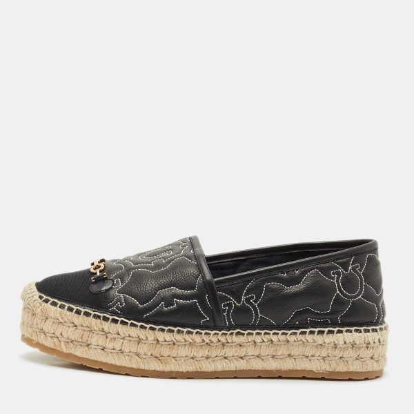 Salvatore Ferragamo Black Leather Kim Gal Espadrille Loafers Size 40