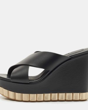 Salvatore Ferragamo Black Leather Nicosia Wedge Sandals Size 37