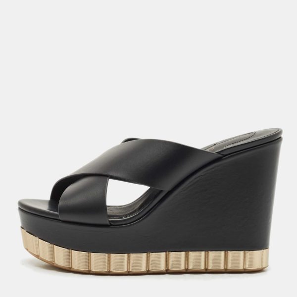 Salvatore Ferragamo Black Leather Nicosia Wedge Sandals Size 37