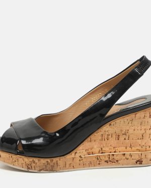 Salvatore Ferragamo Black Patent Leather Cork Wedge Slingback Sandals Size 39.5