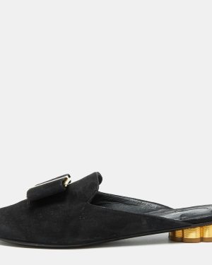 Salvatore Ferragamo Black Suede Bow Flat Mules Size 36.5