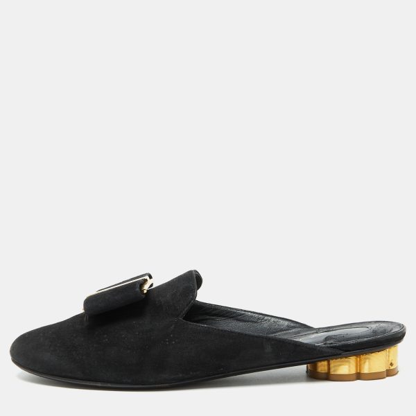 Salvatore Ferragamo Black Suede Bow Flat Mules Size 36.5