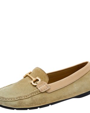 Salvatore Ferragamo Green/Beige Suede And Leather Gancini Bit Slip On Loafers Size 39.5