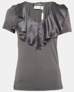 Salvatore Ferragamo Grey Knit & Silk Ruffle Neck Top L