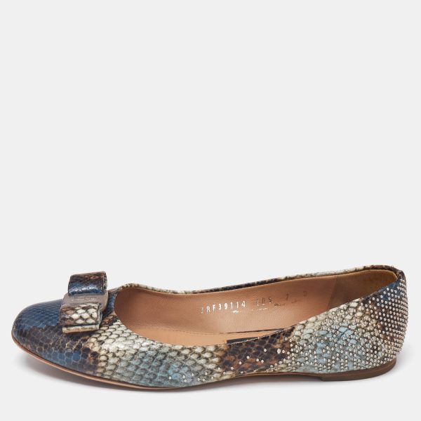 Salvatore Ferragamo Multicolor Python Embossed Leather Varina Bow Ballet Flats Size 37.5