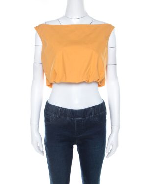Salvatore Ferragamo Orange Cotton Bateau Neck Back Tie Up Detail Crop Top M
