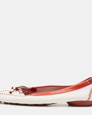 Salvatore Ferragamo White/Red Leather Bow Slip On Loafers Size 39.5