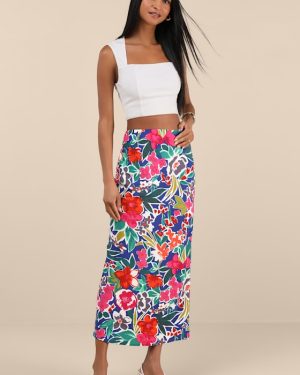 Sanaa Dark Blue Floral High-Rise Midi Skirt