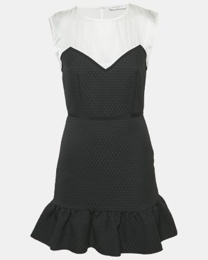 Sandro Black Satin/Jacquard Flounce Mini Dress S