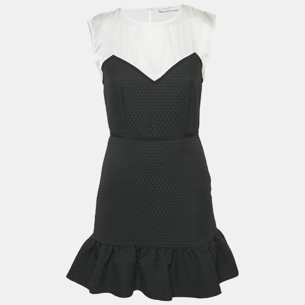 Sandro Black Satin/Jacquard Flounce Mini Dress S