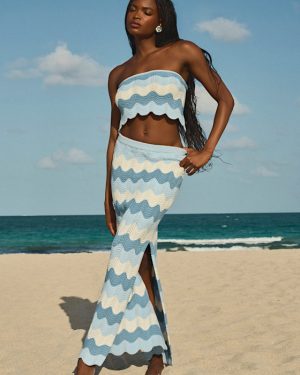Sandro Blue Multi Crochet Maxi Skirt