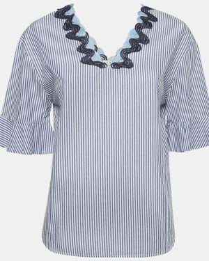 Sandro Blue Striped Cotton Neck Detail Blouse S