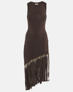 Sandro Brown Knit Fringed Beaded Hem Bodycon Dress S