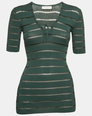 Sandro Green Striped Rib Knit Lace-Up Top S