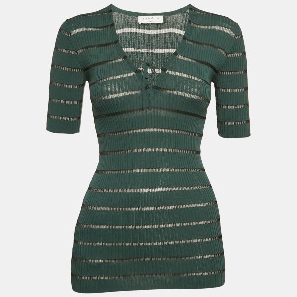 Sandro Green Striped Rib Knit Lace-Up Top S