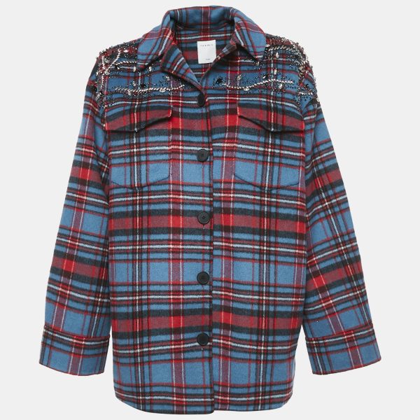 Sandro Multicolor Plaid Embellished Wool Blend Single Breasted Jacket XL