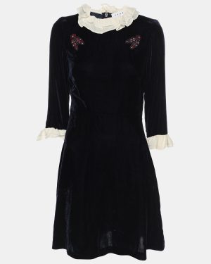 Sandro Navy Blue Velvet Mini Dress S