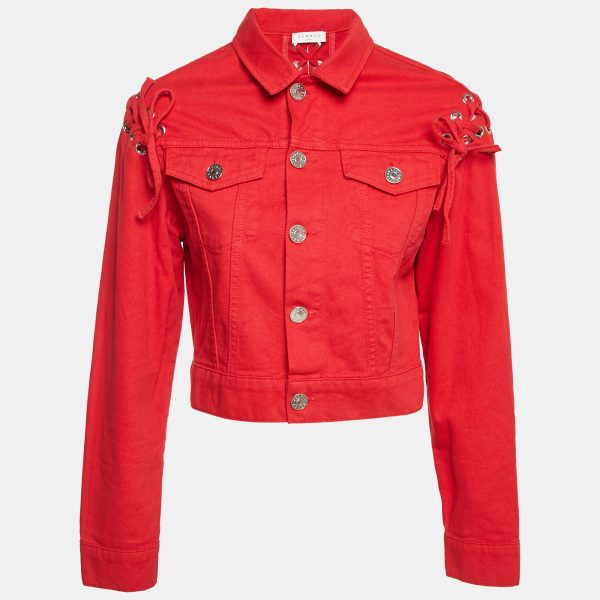 Sandro Red Denim Button Front Lace-Up Detail Jacket M